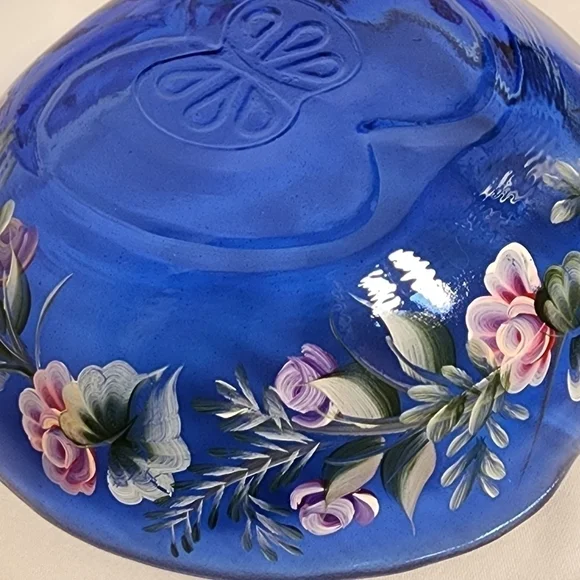HANDPAINTED Cobalt Blue Bowl Floral Serving Dish Large Butterfly Roses Dimpled - Picture 3 of 14
